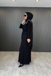 Yelekli İnçili Abaya Takım Siyah Siyah